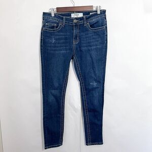 VGS Skinny Jeans Size 4 Medium Wash Light Distressed Fold Pockets Embroidered